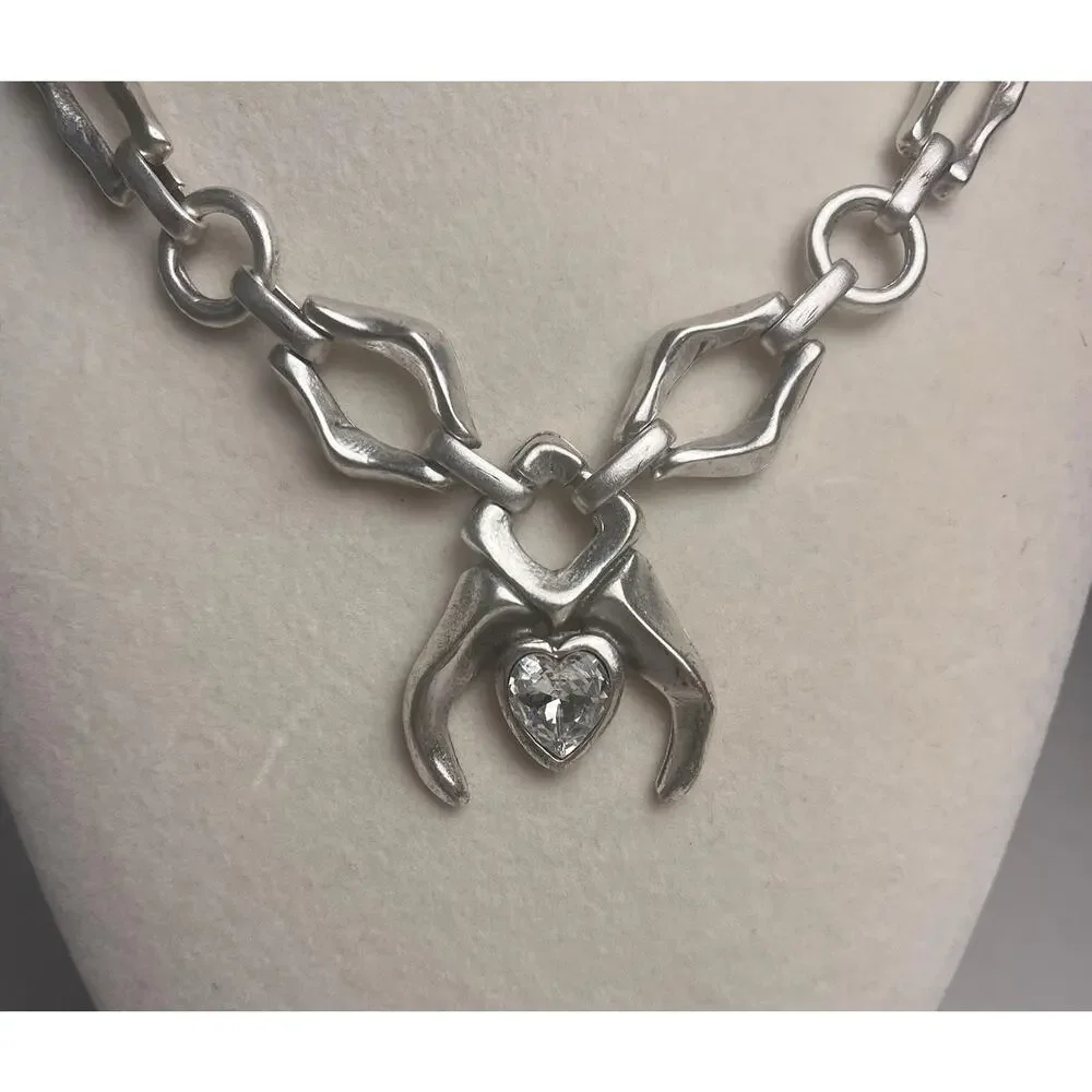 Silver Tone Heart Pendant Necklace Chunky Chain Bracelet Set Statement Bold Y2K